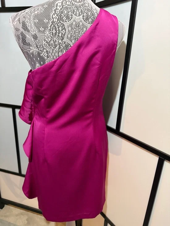 Nine West One-Shoulder Ruffle Cocktail Dress - Bright Pink - Picture 3 of 5